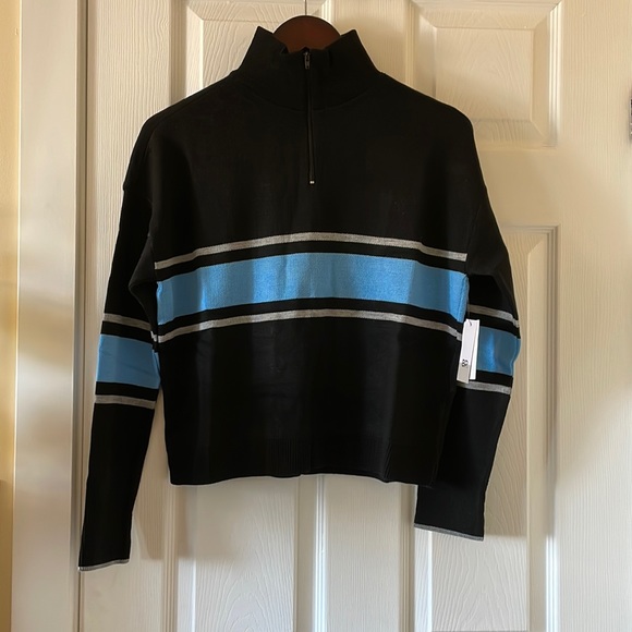 Bp relaxed blue black uneven  stripe mock neck sweater - Picture 2 of 6